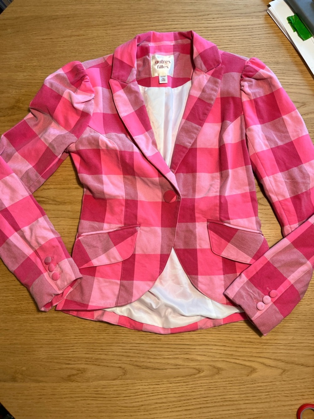 Outres Filles Pink Plaid Single-Button Blazer